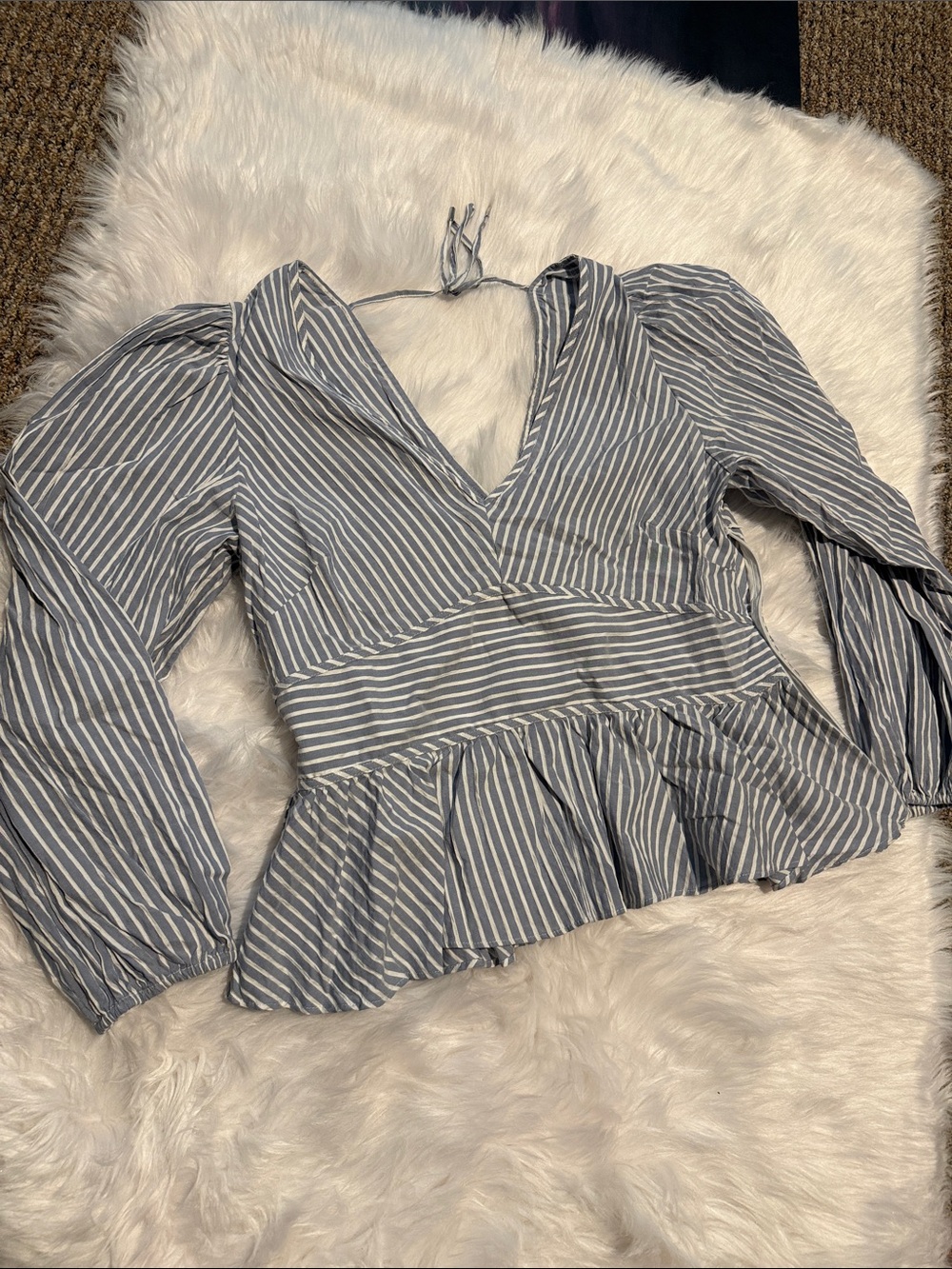 WHBB V-Neck Peplum Long-Sleeve Top - Blue/White